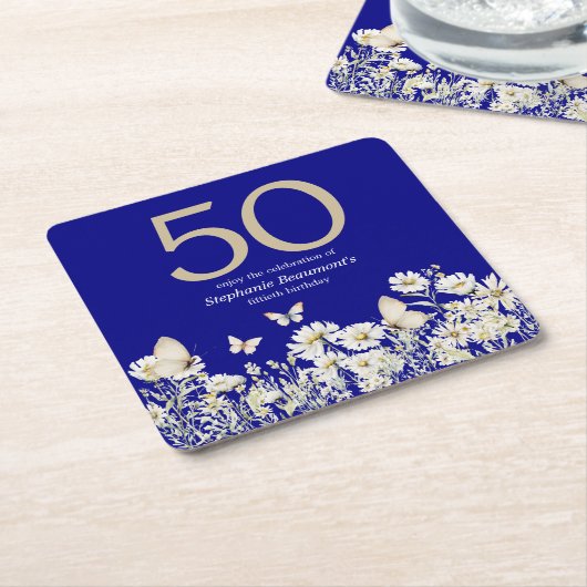 ウィメンズホワイトワイルドフラワーサプライズ50誕生日 スクエアペーパーコースター (アングル)