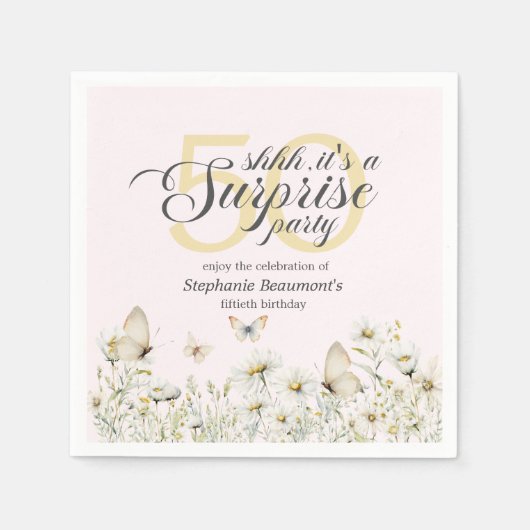 ウィメンズホワイトワイルドフラワーサプライズ50誕生日 スタンダードカクテルナプキン (正面)