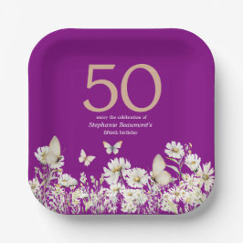 ウィメンズホワイトワイルドフラワーサプライズ50誕生日 ペーパープレート