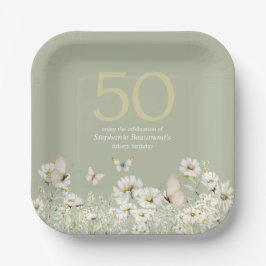 ウィメンズホワイトワイルドフラワーサプライズ50誕生日 ペーパープレート