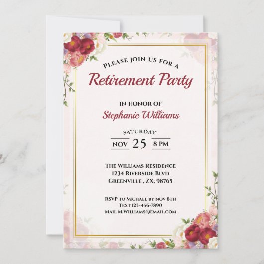 ウィメンズリタイアメントパーティーエレガントフローラブーケ 招待状 (正面)