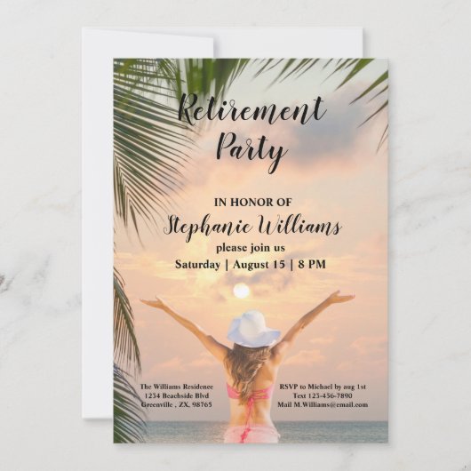ウィメンズリタイアメントビーチをテーマにしたサンセットパームツリー 招待状 (正面)