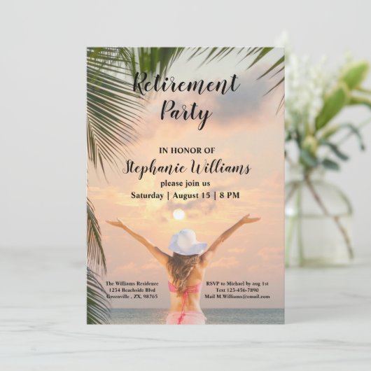 ウィメンズリタイアメントビーチをテーマにしたサンセットパームツリー 招待状 (スタンド正面)