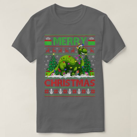 ウィメンズ恐竜クリスマス照明サンタハット醜いブロン Tシャツ (デザイン正面)