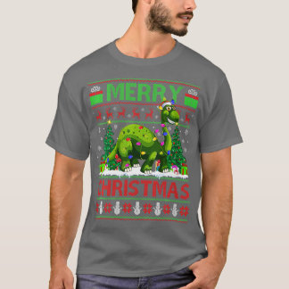 ウィメンズ恐竜クリスマス照明サンタハット醜いブロン Tシャツ