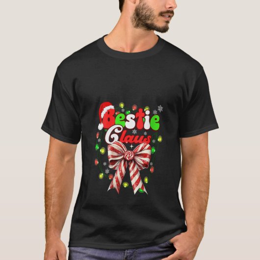 ウィメンズ ベスティ クラウス コケット ボウ キャンディ ケイン サンタ Tシャツ (正面)