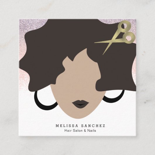 ウィメンブラウンヘアフェイク金ゴールドグリッターサロン美しい スクエア名刺 (正面)