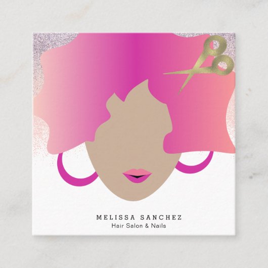ウィメンブラウンヘアフェイク金ゴールドグリッターサロン美しい スクエア名刺 (正面)