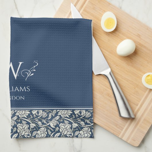 ウィリアムインスパイアモリスネイビーブルーフローラカスタム キッチンタオル (四つ折り)