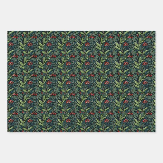 ウィリアムインスパイアモリスレッドホリーベリークリスマス ラッピングペーパーシート (正面)