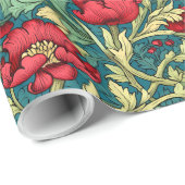 ウィリアムインスパイアモリス深い赤パステルグリーンブルー ラッピングペーパー (ロールコーナー)