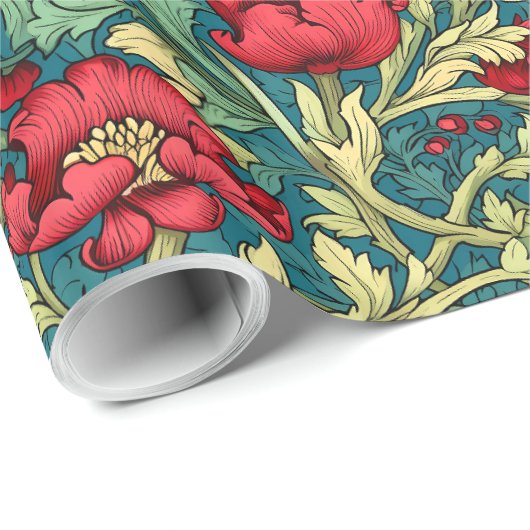 ウィリアムインスパイアモリス深い赤パステルグリーンブルー ラッピングペーパー (ロールコーナー)