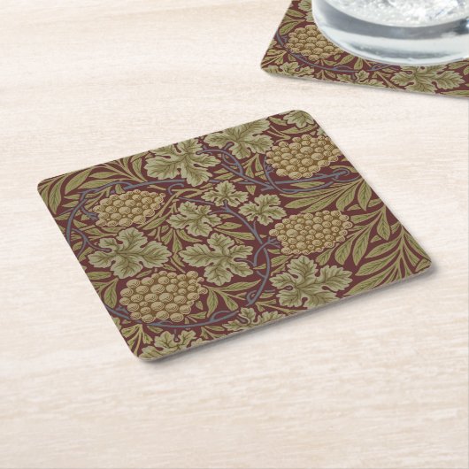 ウィリアムモリスつる植物グレープレッドグリーンアート スクエアペーパーコースター (アングル)