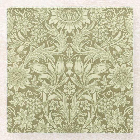 ウィリアムモリスひまわり緑の花 ガラスコースター (正面)