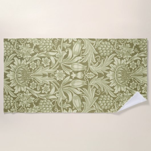 ウィリアムモリスひまわり緑の花 ビーチタオル (正面)