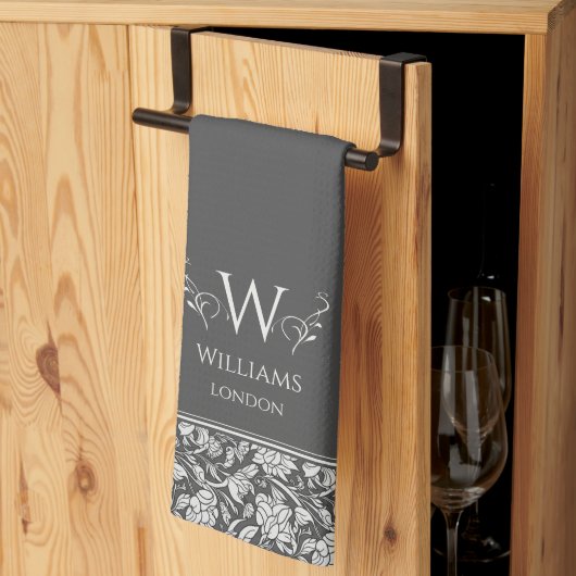 ウィリアムモリスインスピスコカルチャーグレイカスタムフローラ キッチンタオル (三つ折り)