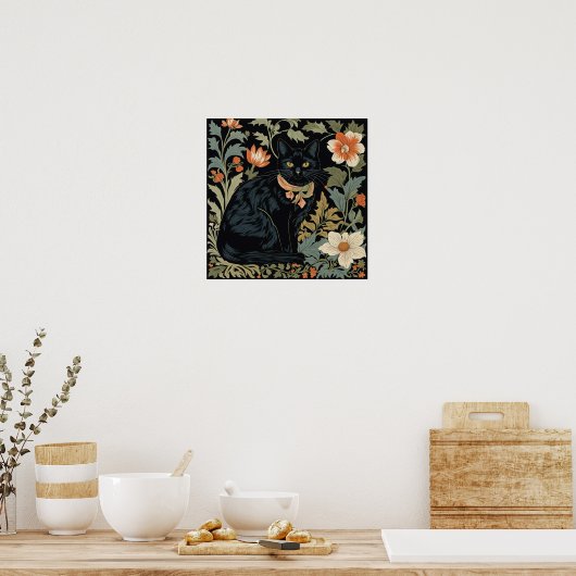 ウィリアムモリススタイルブラックカワイトキャットボタニティカル ポスター (キッチン)