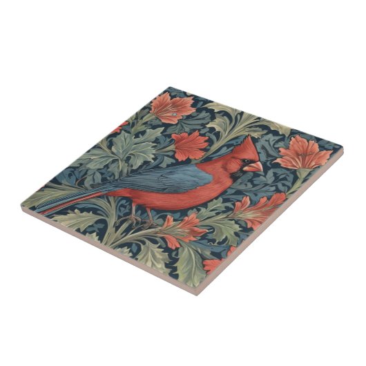 ウィリアムモリススタイルレッド(鳥)ショウジョウコウカンチョウバードRフローラ タイル (側面)