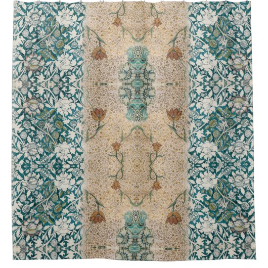 ウィリアムモリスティール(緑がかった色)テラコッタフローラつる植物パターン シャワーカーテン (正面)