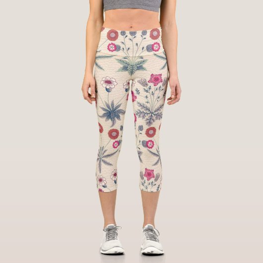 ウィリアムモリスデイジーフローラルパターンレッドオレンジ カプリレギンス (正面)