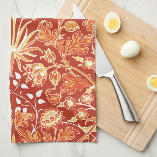 ウィリアムモリスヒヤシンスプリントマンダリンオレンジ キッチンタオル (四つ折り)