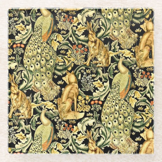 ウィリアムモリスフォレストタペストリーキツネハレピーコック ガラスコースター (正面)