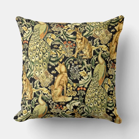 ウィリアムモリスフォレストタペストリーキツネハレピーコック クッション (正面)