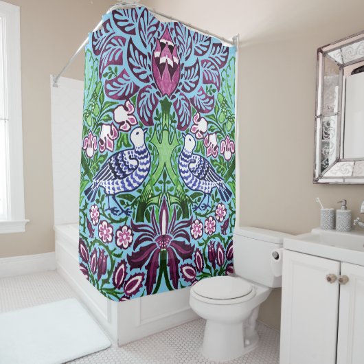 ウィリアムモリスフォークアートバーズフラワーズどんぐり シャワーカーテン (インサイチュ)