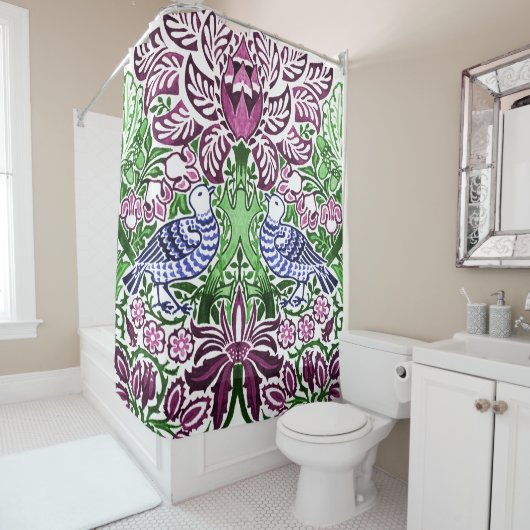 ウィリアムモリスフォークアートバーズフラワーズどんぐり シャワーカーテン (インサイチュ)