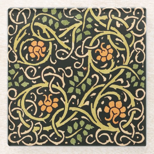 ウィリアムモリスブラックフローラアートプリントデザイン ガラスコースター (正面)