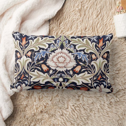 ウィリアムモリスヴィンテージセブンブルーフローラ花 ランバークッション (ブランケット)