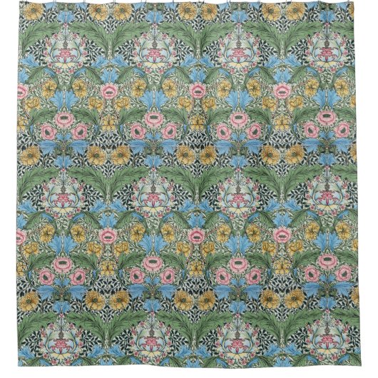 ウィリアムモリスヴィンテージフローラフラワーイエローブルー シャワーカーテン (正面)