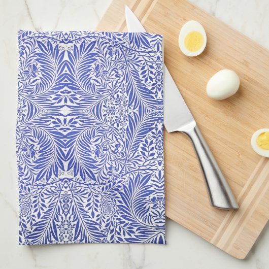 ウィリアムモリスヴィンテージフローラルパターンブルーホワイト キッチンタオル (四つ折り)
