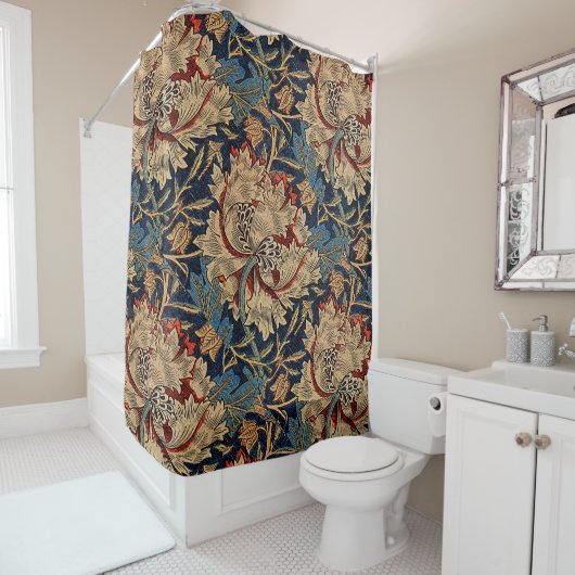 ウィリアムモリスヴィンテージフローラルパターンレッドブルー シャワーカーテン (インサイチュ)