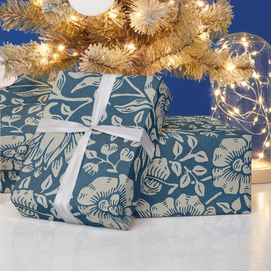 ウィリアムモリスヴィンテージブルーフローラルパターン ラッピングペーパー (クリスマス)