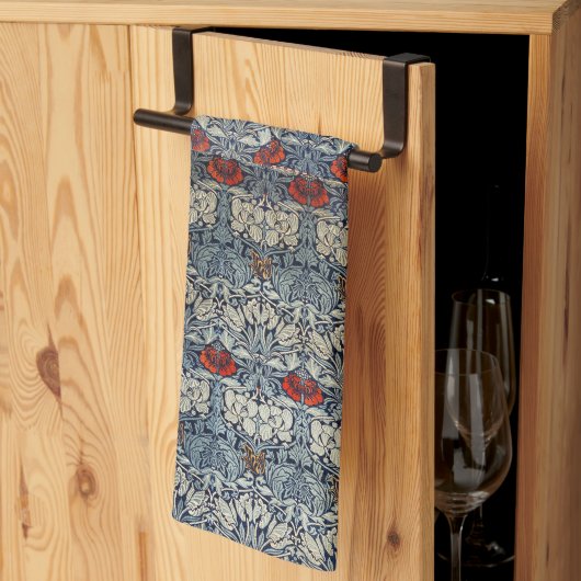 ウィリアムモリスヴィンテージレッドフローラチューリップアンドバラ キッチンタオル (三つ折り)