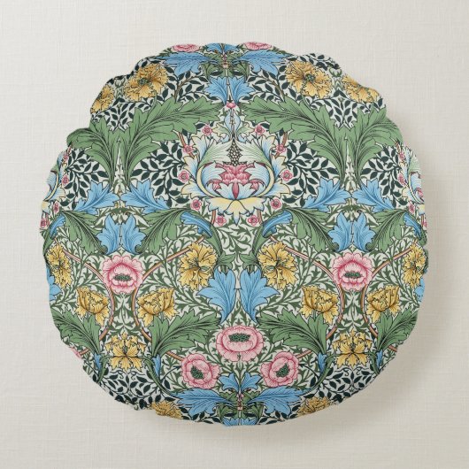 ウィリアムモリスヴィンテージ花イエローブルー ラウンドクッション (正面)
