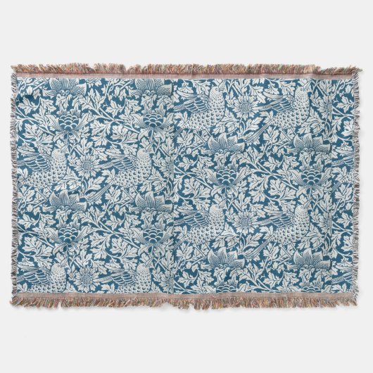 ウィリアムモリスヴィンテージ花鳥ブルーホワイト スローブランケット (正面)