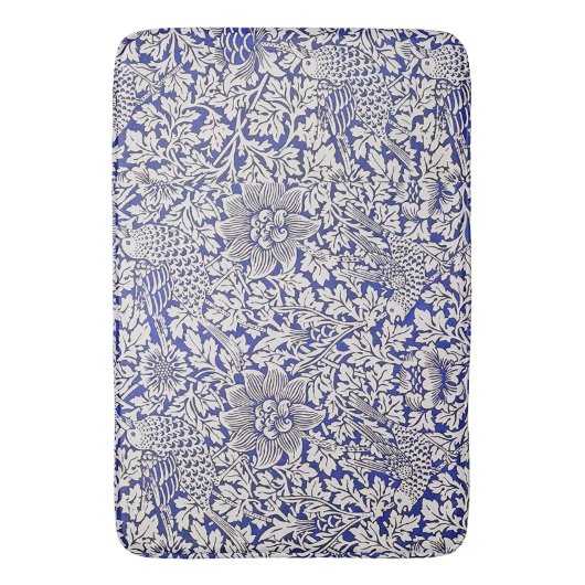 ウィリアムモリスヴィンテージ花鳥ブルーホワイト バスマット (正面縦)