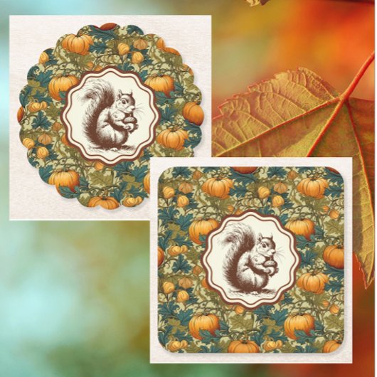 ウィリアムモリス秋カボチャとリスレトロ スクエアペーパーコースター
