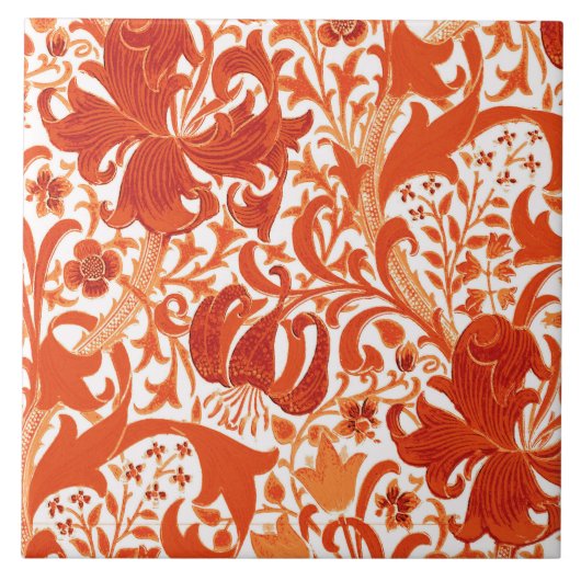 ウィリアム・モリスのアイリスおよびユリのマンダリンオレンジ タイル (正面)