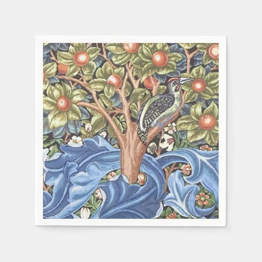 ウィリアム・モリスのキツツキのタペストリーの花柄のヴィンテージ スタンダードカクテルナプキン (正面)