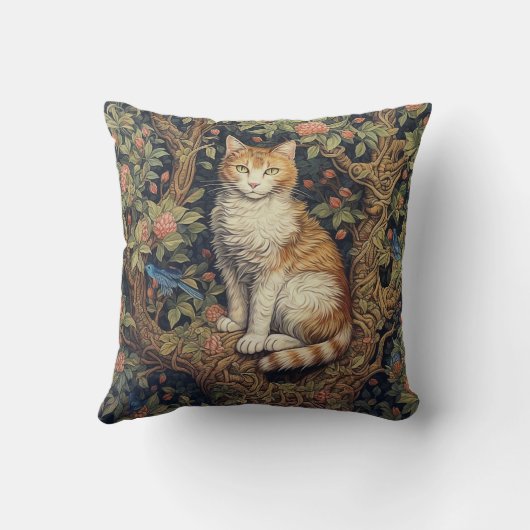 ウィリアム・モリスのスタイルの木の中の孤独な猫 クッション (裏面)