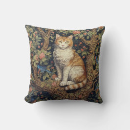 ウィリアム・モリスのスタイルの木の中の孤独な猫 クッション