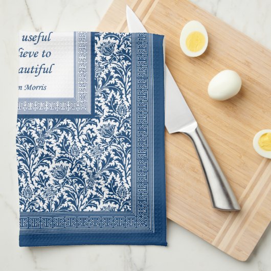 ウィリアム・モリスのパターンおよび引用語句のエレガントな青 キッチンタオル (四つ折り)