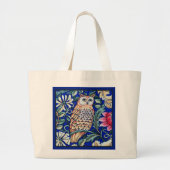 ウィリアム・モリスのフクロウのタペストリー、ベージュ色およびコバルトブルー ラージトートバッグ (正面)
