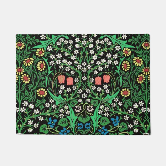 ウィリアム・モリスのJacobean花柄、黒い背景 ドアマット (正面)