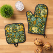 ウィリアム・モリスアンティークハニーサックルフローラルパターン 鍋つかみ&鍋敷きセット (トップダウン)