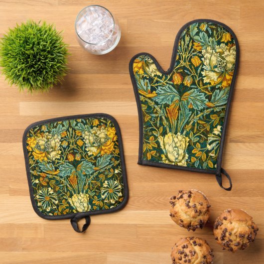 ウィリアム・モリスアンティークハニーサックルフローラルパターン 鍋つかみ&鍋敷きセット (トップダウン)