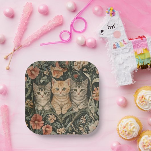 ウィリアム・モリススタイルヴィンテージ園の猫 ペーパープレート (パーティー)